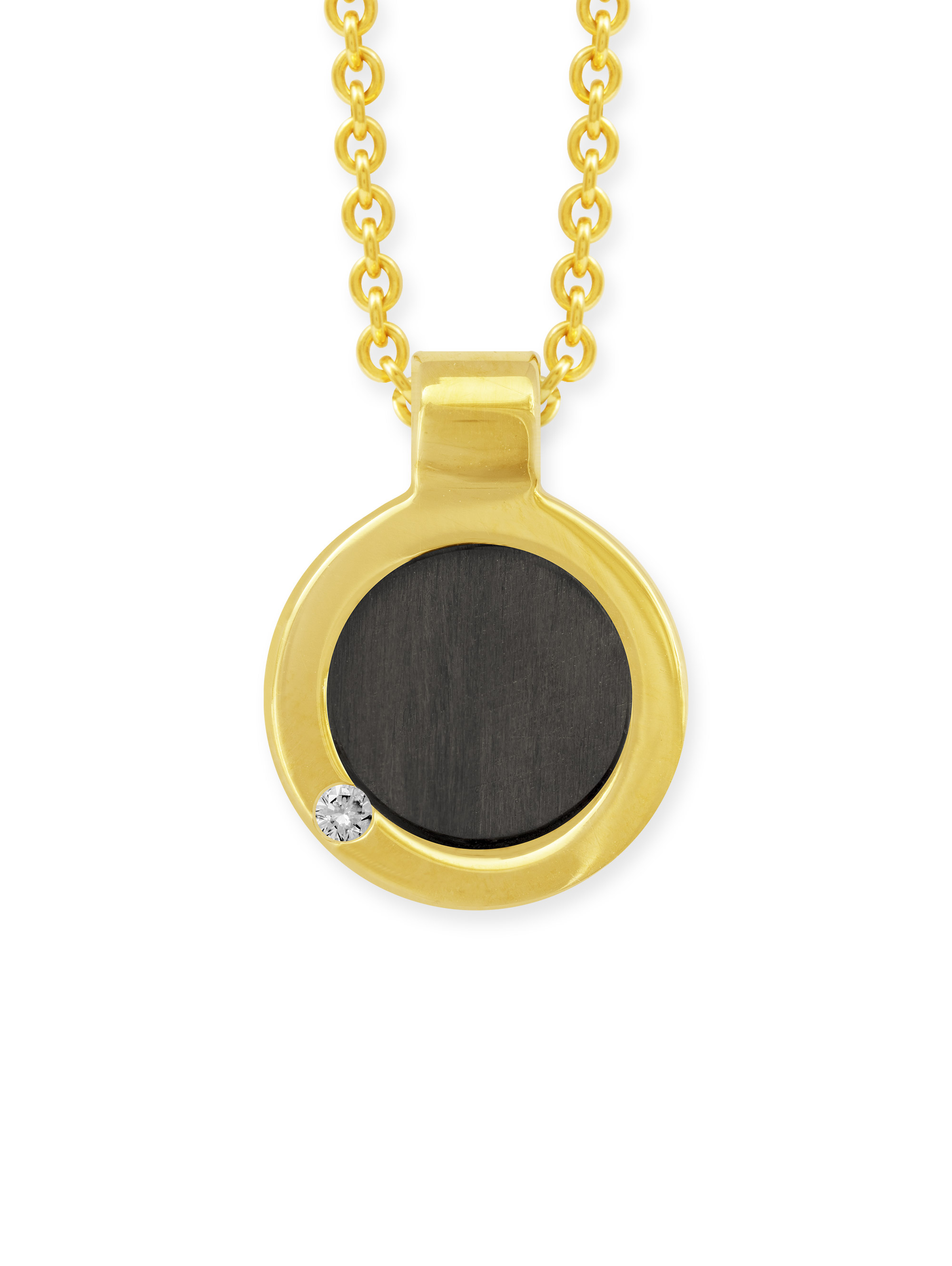 Runder Anhänger aus Gelbgold und Carbon mit Brillant