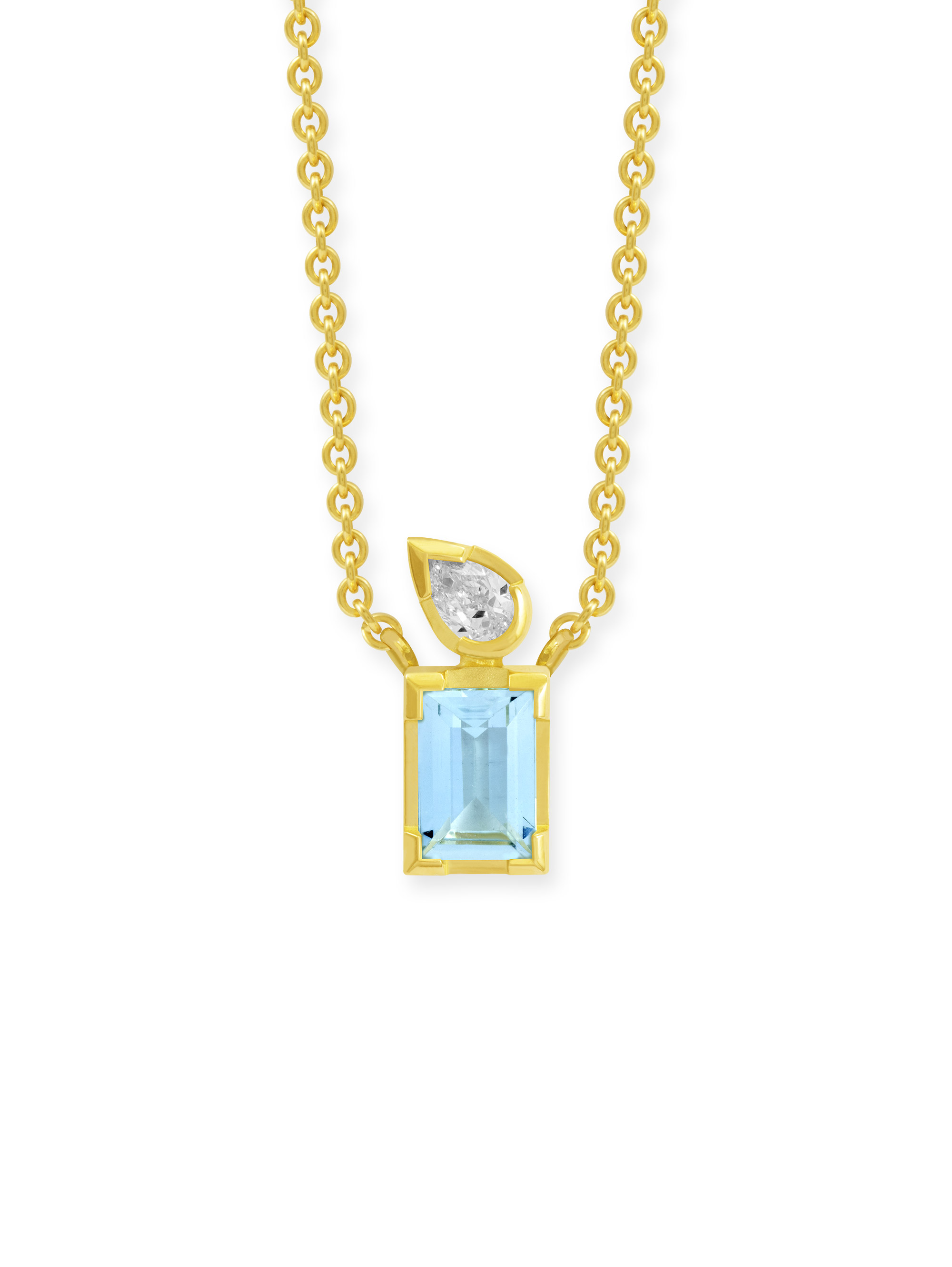 Collier aus 750 Gelbgold mit 1 Aquamarin und 1 Diamant in Tropfe-Schliff